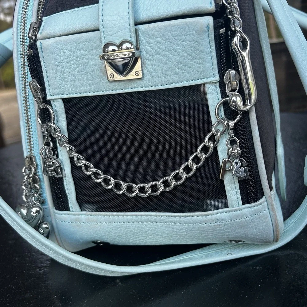 Rare Vintage Y2K Juicy Couture Dog Carrier Ice Blue Velour Blingy Bowling Bag Sm